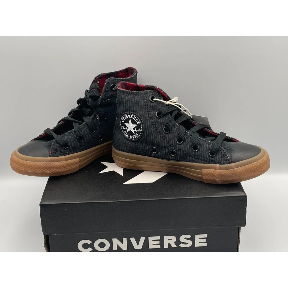 Converse Chuck Taylor All Star High Top Youth 12 Black Plaid Lining A12436C Gum
